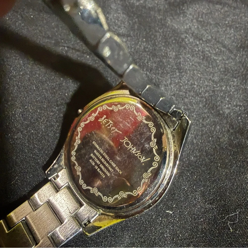 Betsey Johnson Silver Watch with Pink Heart Accents